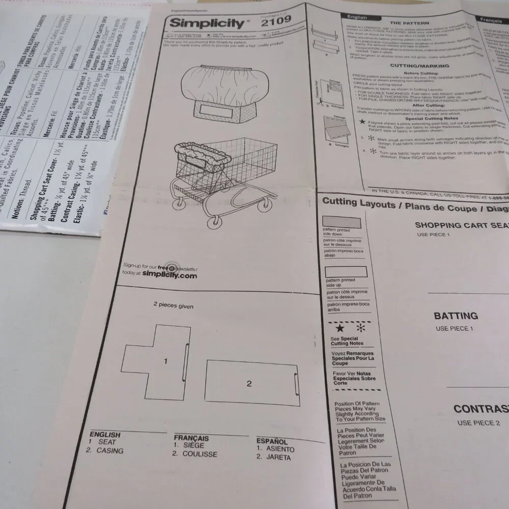 Simplicity C2109 Shopping Cart Cover Walmart Exclusive one size UNCUT